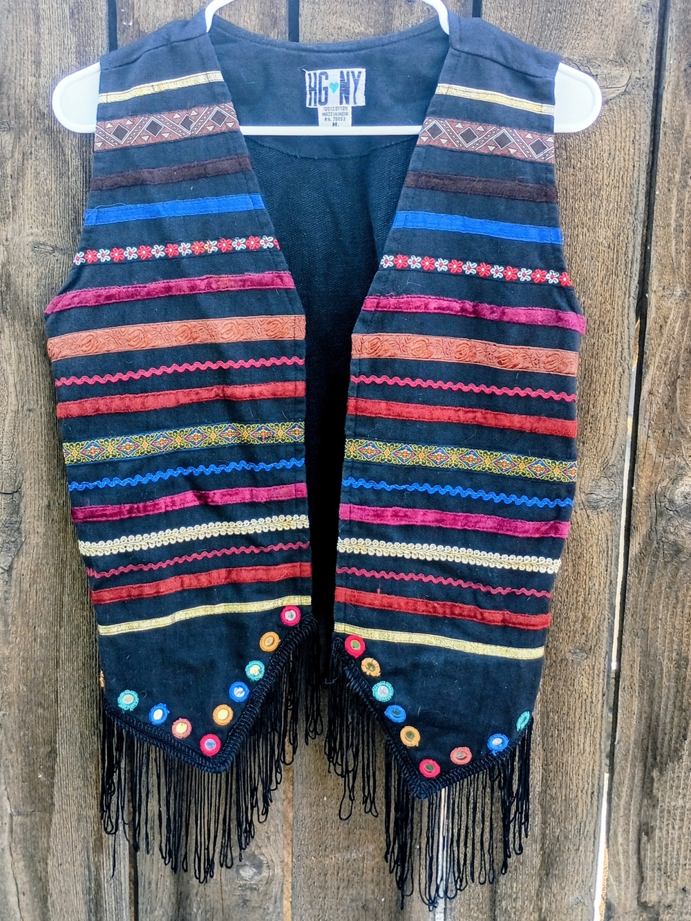 Black Multi-Color Embroidered Fringe Vest